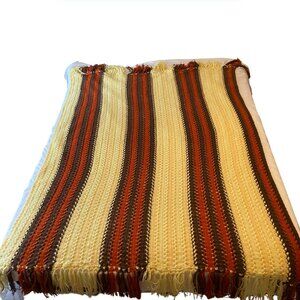 Vintage 1970s Handmade Crochet Afghan Blanket Striped Fringe Retro Boho 72 x 59